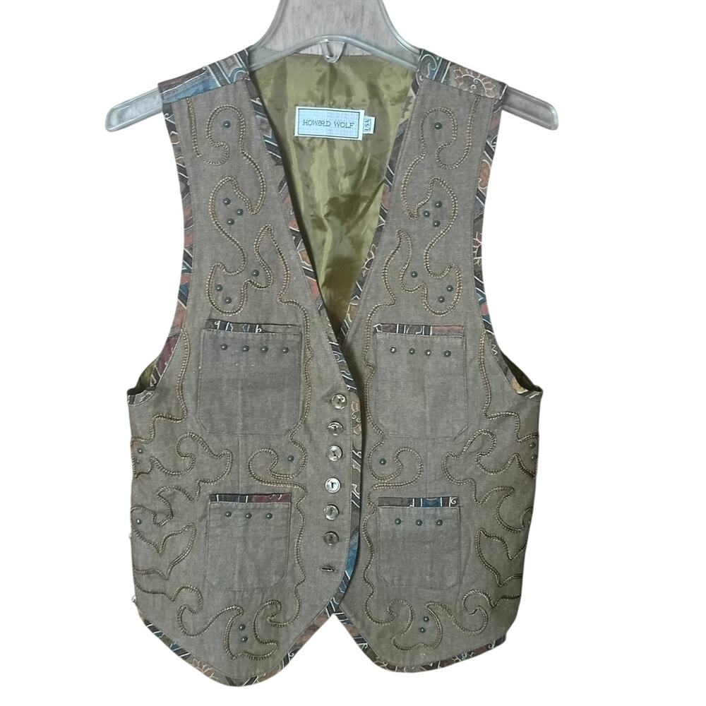 Vintage Howard Wolf Women 6 Olive Green Beaded Embroidered Abstract Artsy Vest